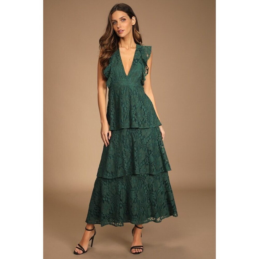 Lulus Molinetto Forest Green Lace Ruffled Tiered Sleeveless Maxi Dress - Size 2X